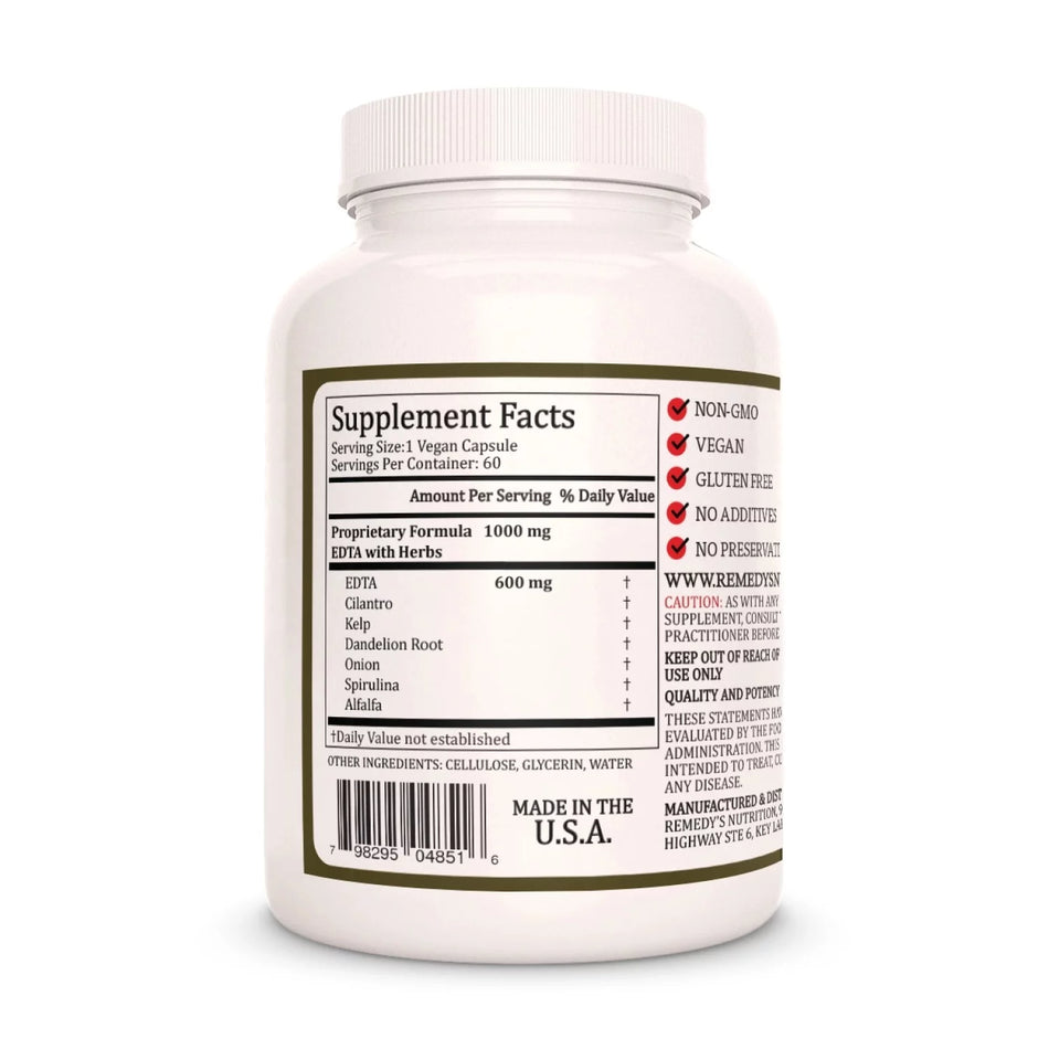 Image of Remedy's Nutrition® EDTA Capsules Dietary Supplement & Proprietary Herbal Blend back bottle. Dandelion Root, Spirulina, Onion. Made in the USA.