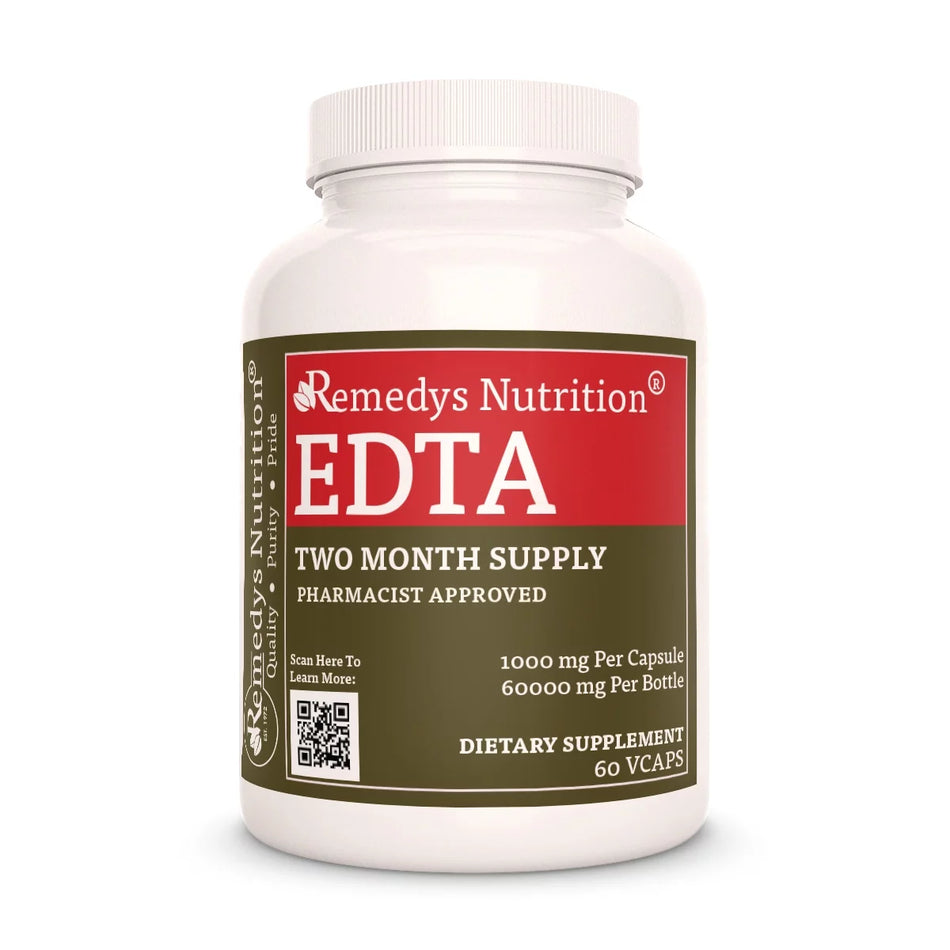 Image of Remedy's Nutrition® EDTA Capsules Dietary Supplement with a Proprietary Herbal Blend front bottle. Made in the USA.