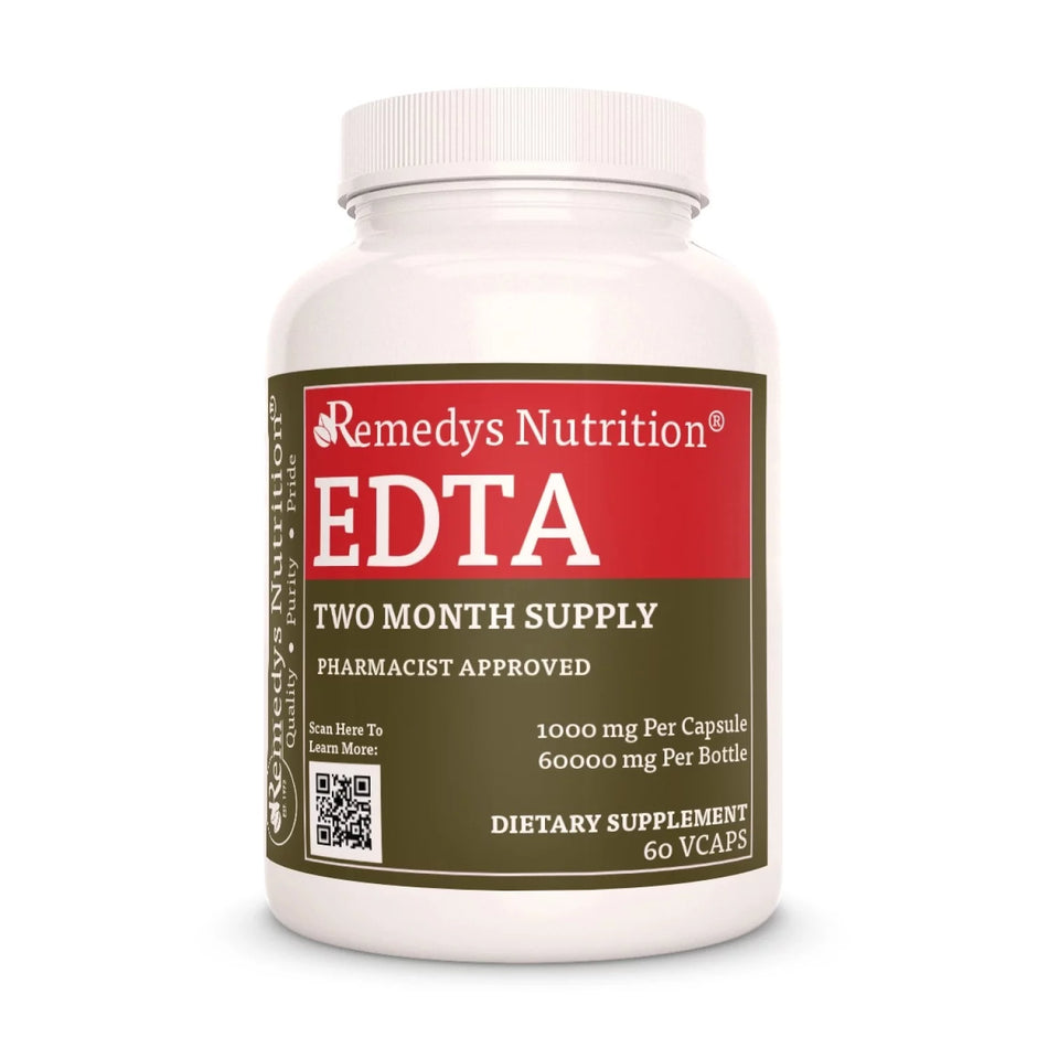 Image of Remedy's Nutrition® EDTA Capsules Dietary Supplement & Proprietary Herbal Blend front bottle. Alfalfa, Cilantro, Kelp. Made in the USA.