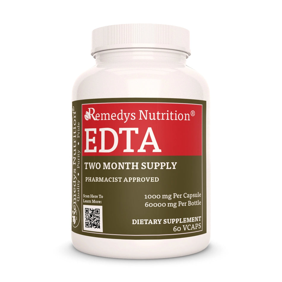 Image of Remedy's Nutrition® EDTA Capsules Dietary Supplement with a Proprietary Herbal Blend front bottle. Made in the USA.