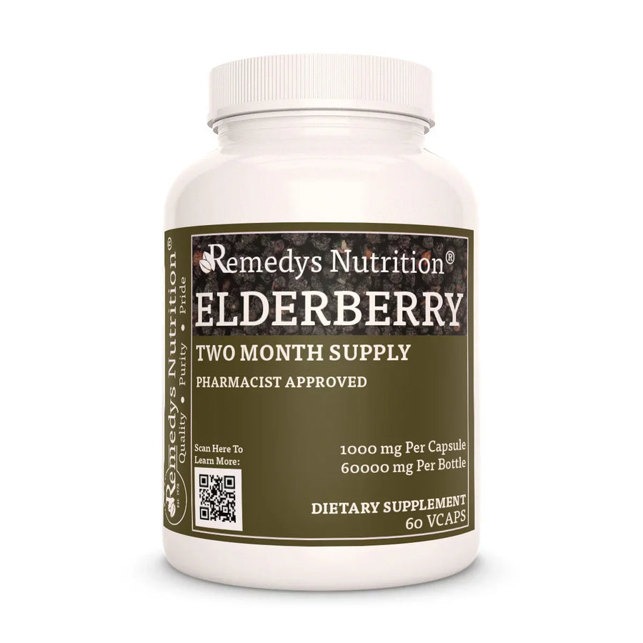Image of Remedy's Nutrition® Elderberry Capsules Dietary Herbal Supplement front bottle. Made in the USA. Sambucus nigra.