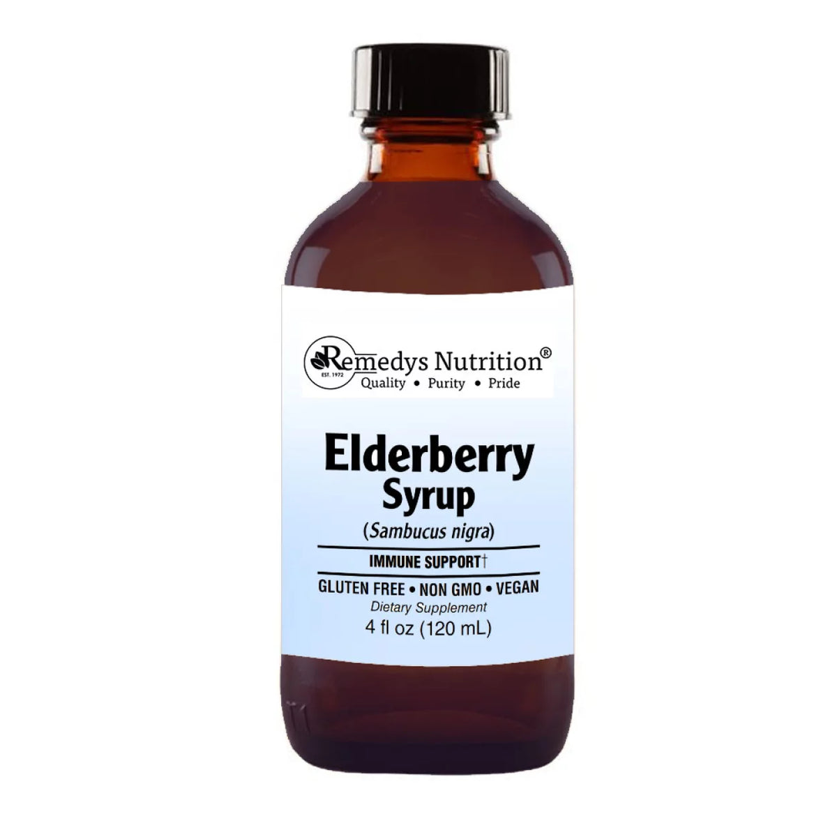 Image of Remedy's Nutrition® Elderberry Cough Syrup for Immunity and Health front bottle. Sambucus nigra. 4 oz