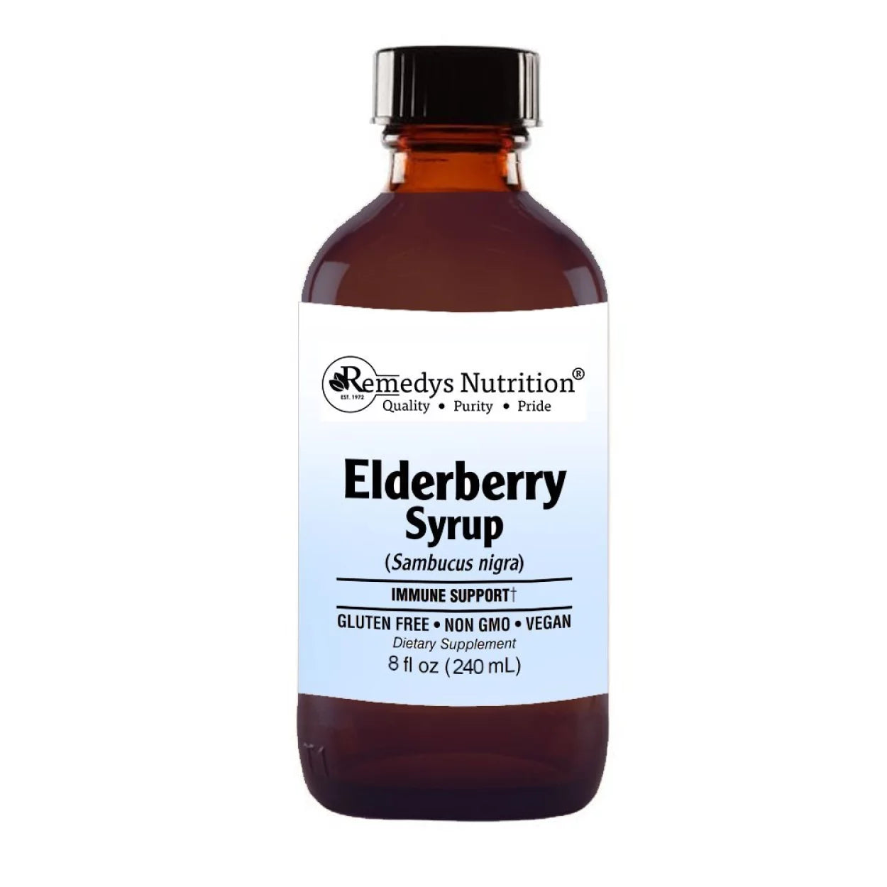 Image of Remedy's Nutrition® Elderberry Cough Syrup for Immunity and Health front bottle. Sambucus nigra. 8 oz