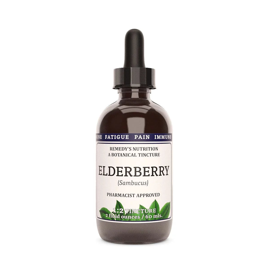 Image of Remedy's Nutrition® Elderberry Tincture Dietary Herbal Supplement front bottle. Made in the USA. Sambucus nigra.