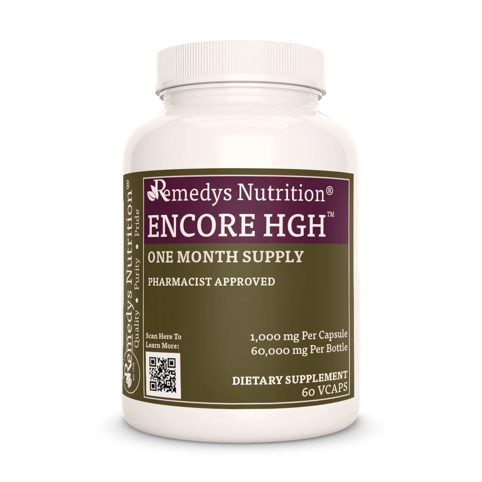 A bottle of Remedys Nutrition Encore HGH, a one-month supply, pharmacist-approved dietary supplement.