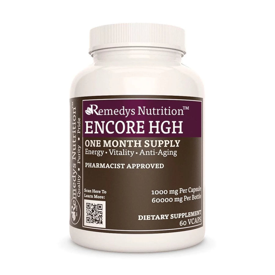 Image of Remedy's Nutrition® Encore HGH™ Capsules Herbal Supplement front bottle. Made in the USA. Mucuna, Kudzu, Rhodiola. 