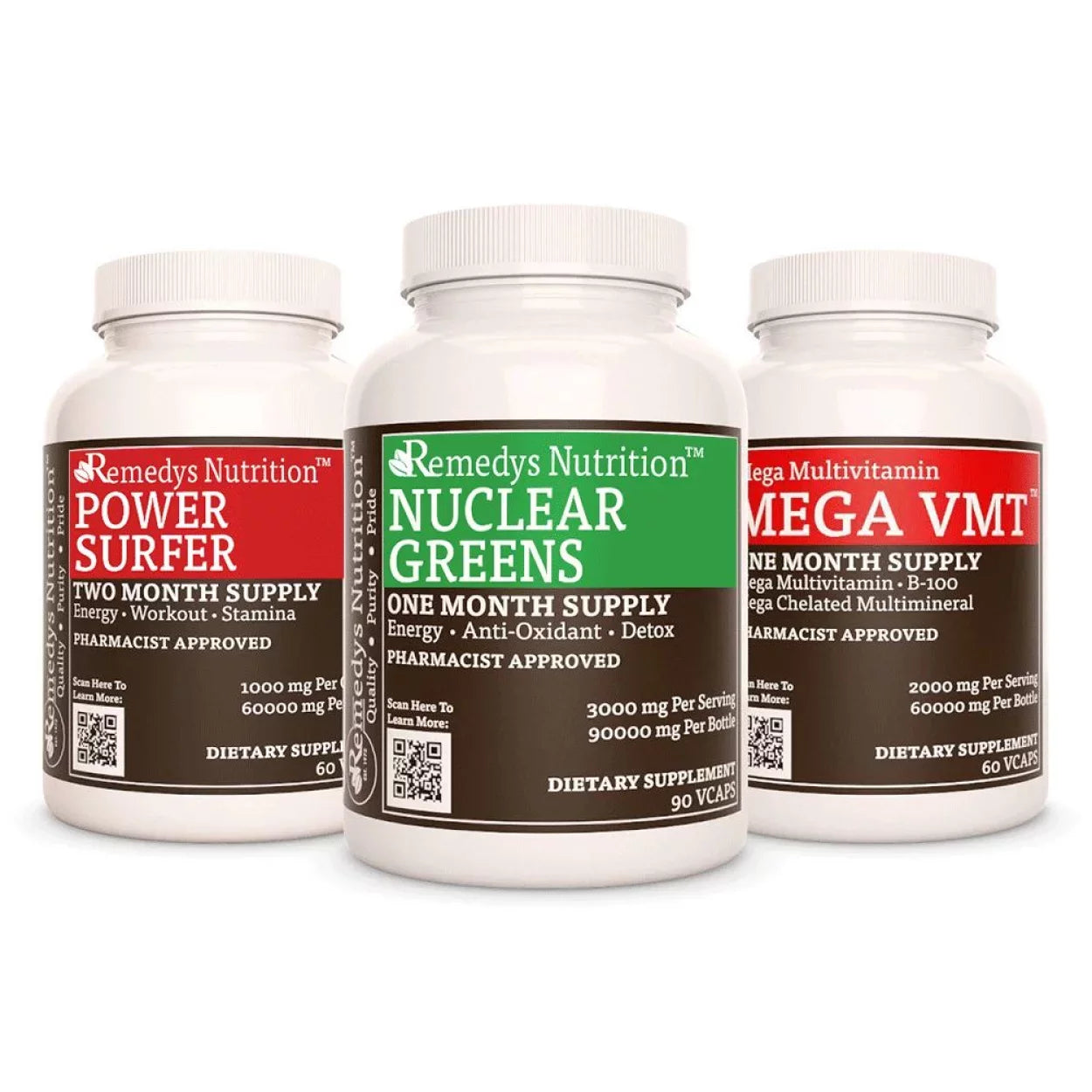 Image of Remedy's Nutrition® Fatigue Power Pack™ Dietary Supplement bottles. Contains Nuclear Greens™ Power Surfer™ Mega VMT™
