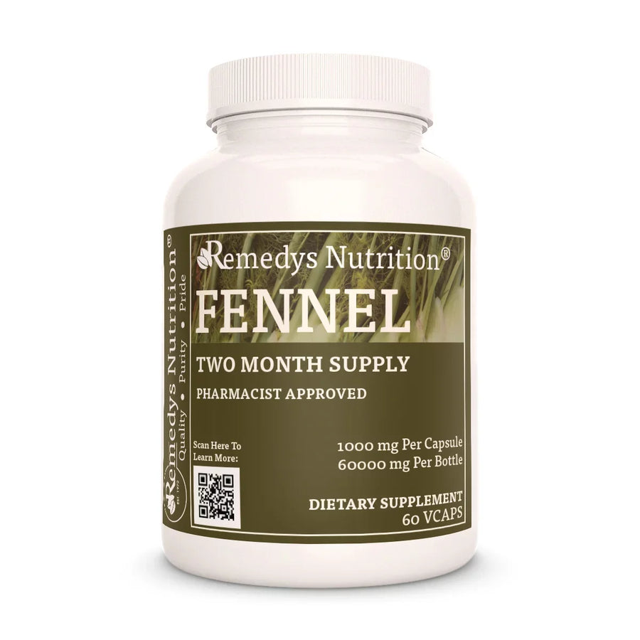 Image of Remedy's Nutrition® Fennel Capsules Dietary Herbal Supplement front bottle. Made in the USA. Foeniculum vulgare.