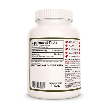 Image of Remedy's Nutrition® Fenugreek back bottle label. Supplement Facts, Ingredients, Trigonella foenum-graecum.
