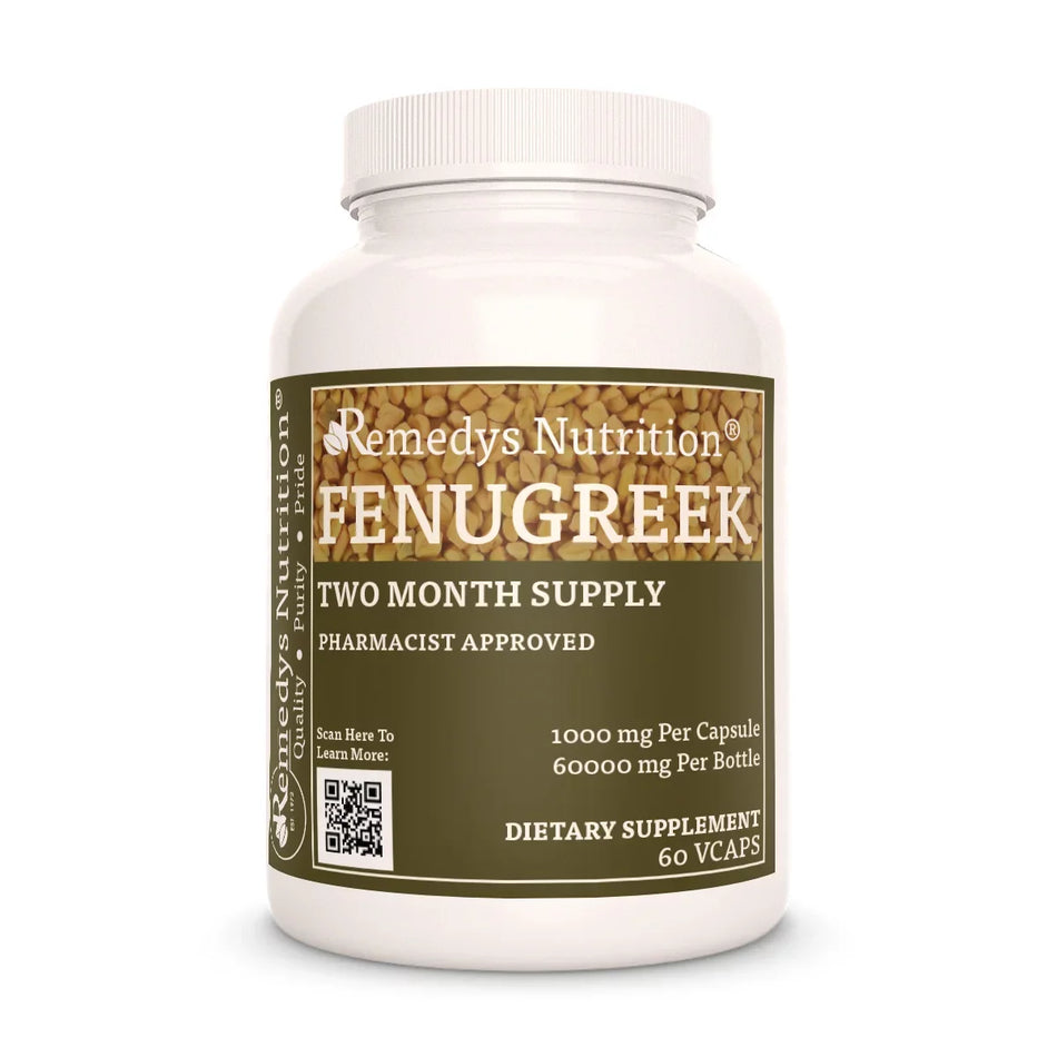 Image of Remedy's Nutrition® Fenugreek Capsules Dietary Supplement front bottle. Made in the USA.  Trigonella foenum-graecum. 