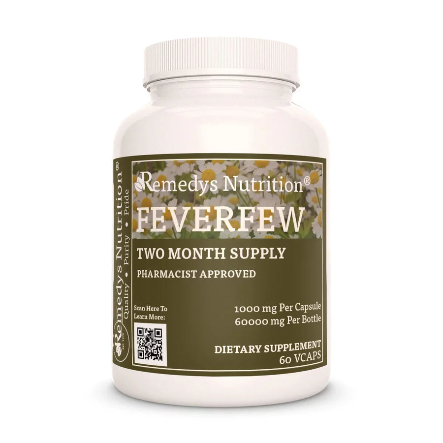 Image of Remedy's Nutrition® Feverfew Capsules Dietary Herbal Supplement front bottle. Made in the USA. Tanacatum parthenium.