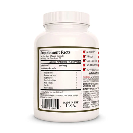 The Supplement Facts for Remedy's Nutrition Fibro-Gone, a 1000mg proprietary vegan herbal blend.
