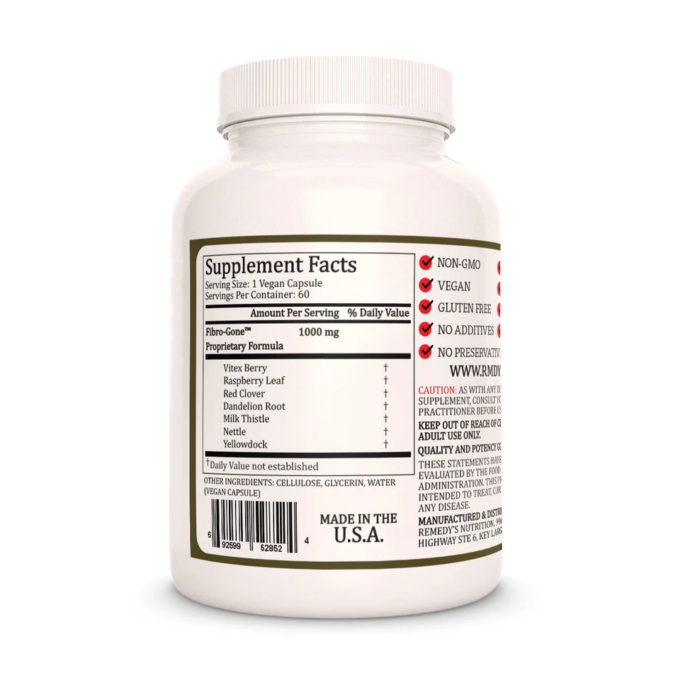 The Supplement Facts for Remedy's Nutrition Fibro-Gone, a 1000mg proprietary vegan herbal blend.

