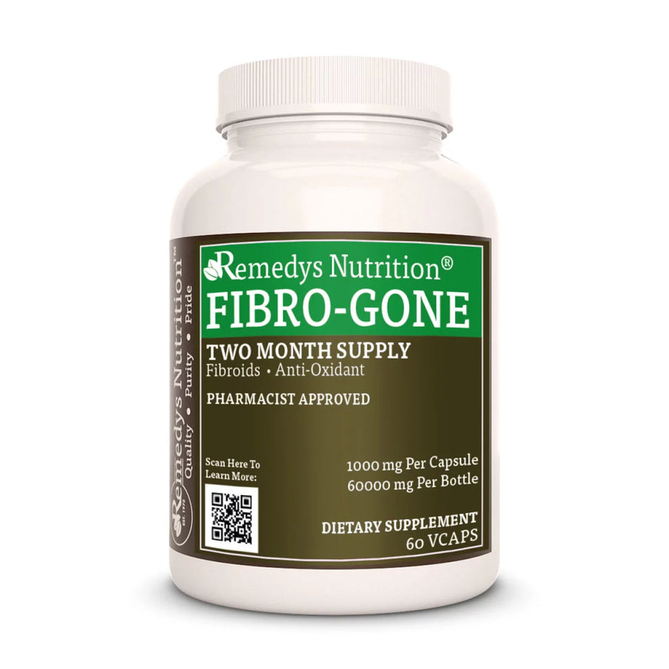Image of Remedy's Nutrition® Fibro-Gone™ Capsules Dietary Herbal Supplement front bottle. Made in USA. Vitex Berry, Raspberry