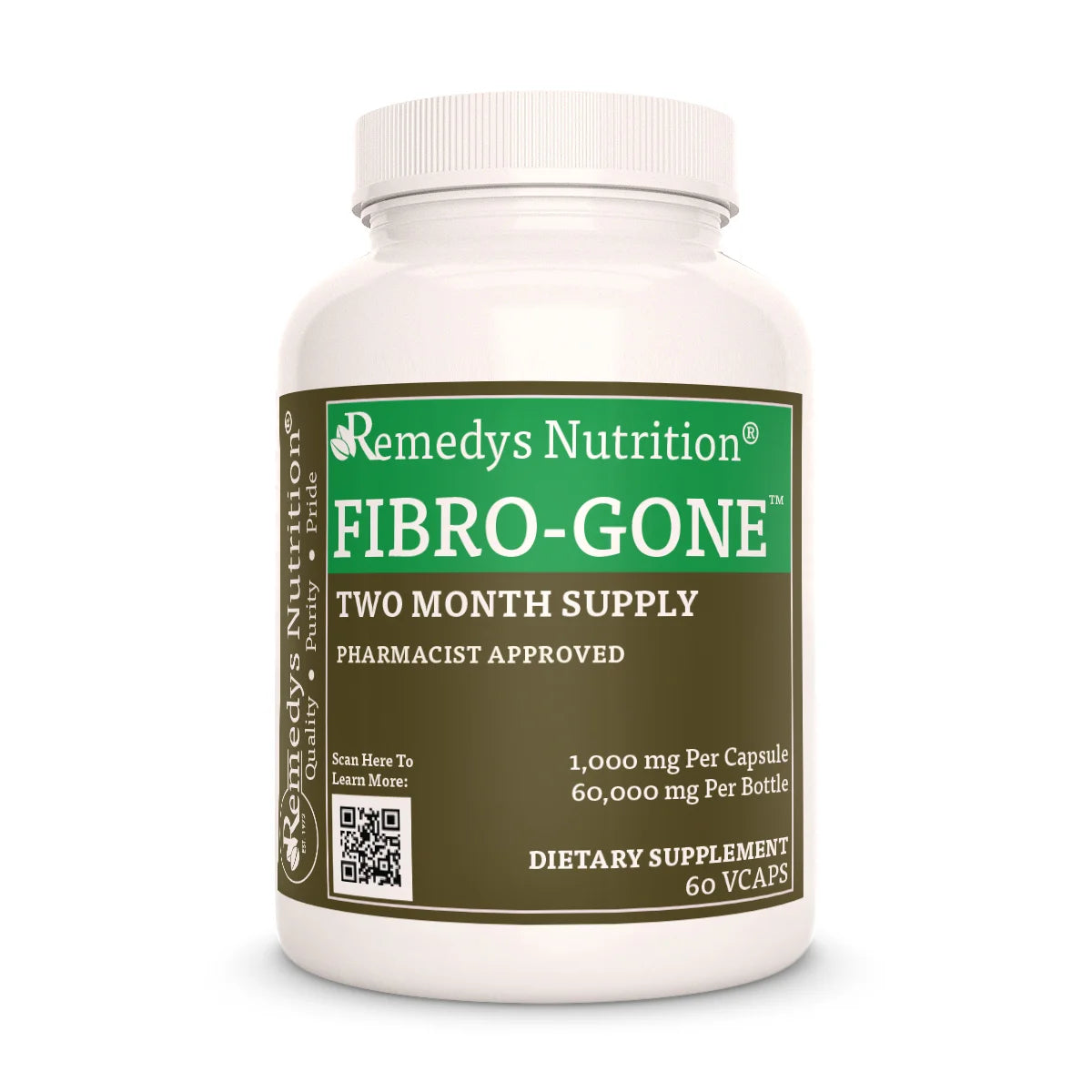 A bottle of Remedys Nutrition Fibro-Gone, a one-month supply, pharmacist-approved dietary supplement.