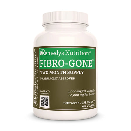 A bottle of Remedys Nutrition Fibro-Gone, a one-month supply, pharmacist-approved dietary supplement.