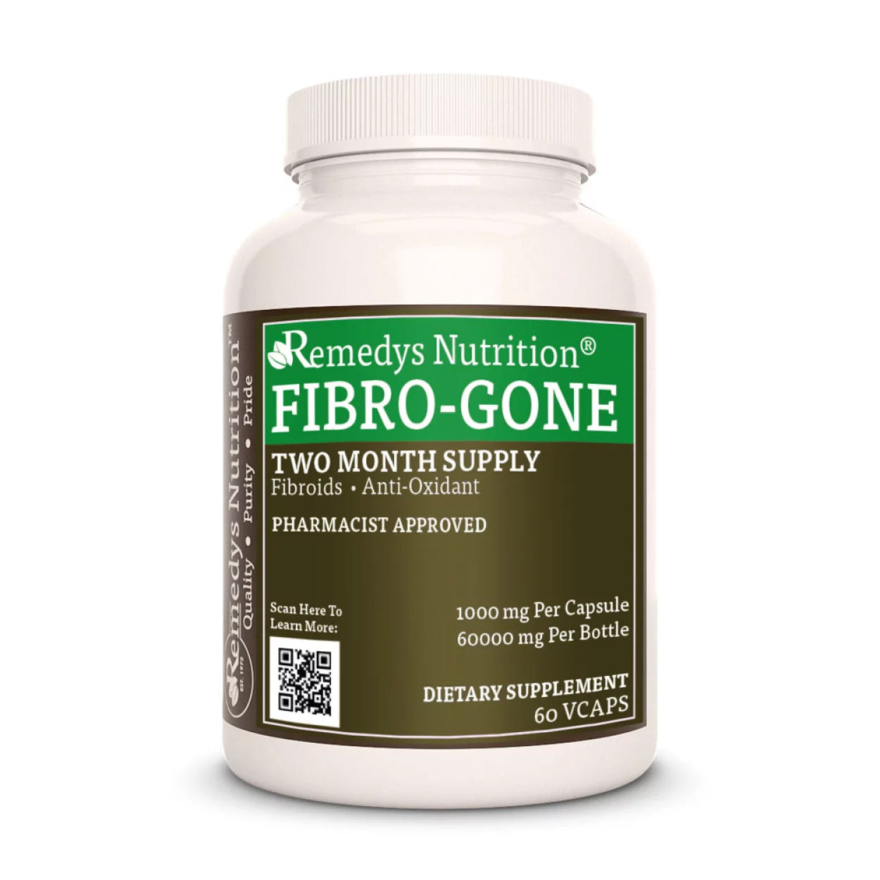 Image of Remedy's Nutrition® Fibro-Gone™ Capsules Dietary Herbal Supplement front bottle. Made in USA. Manage Fibroids