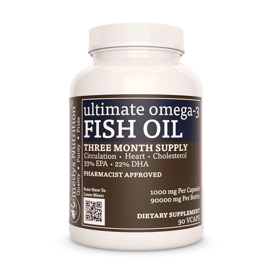 Image of Remedy's Nutrition® Ultimate Omega-3 Fish Oil™ Softgels, Dietary Supplement front bottle. Made in the USA. DHA & EPA