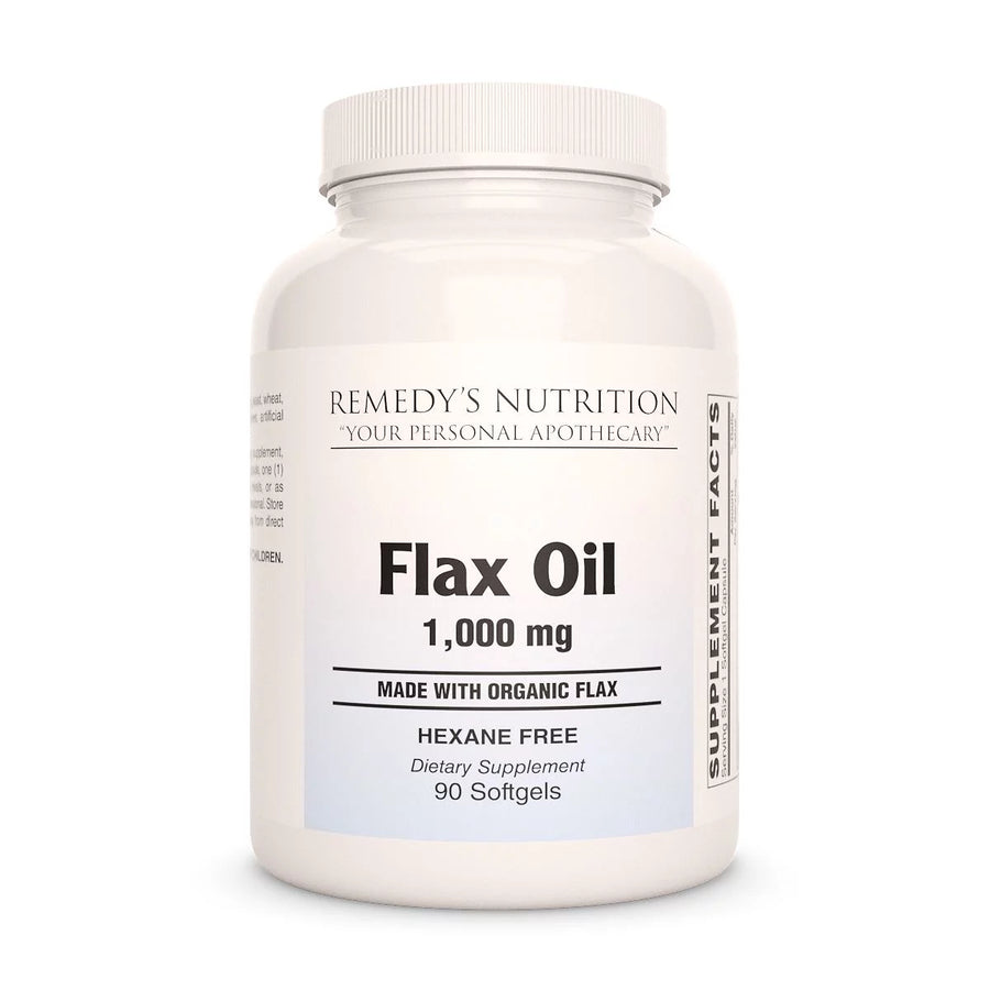 Image of Remedy's Nutrition® Flax Oil Softgels Dietary Supplement front bottle. Hexane free. No fillers, No Additives.