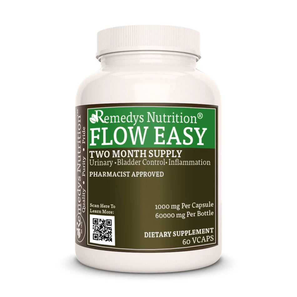 Image of Remedy's Nutrition® Flow Easy™ Capsules Dietary Herbal Supplement bottle. Bladder Control Made in the USA. Horsetail