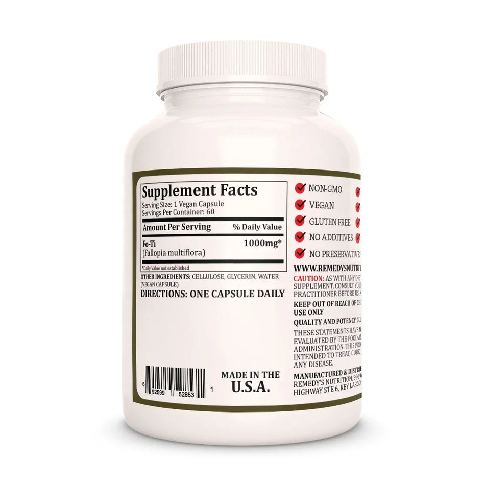 Image of Remedy's Nutrition® Fo-Ti back bottle label. Supplement Facts, Ingredients and Directions.  Fallopia multiflora.