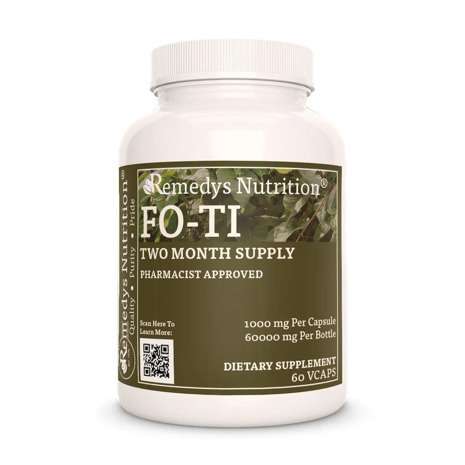 Image of Remedy's Nutrition® Fo-Ti Capsules Herbal Dietary Supplement front bottle. Made in the USA. Fallopia multiflora.