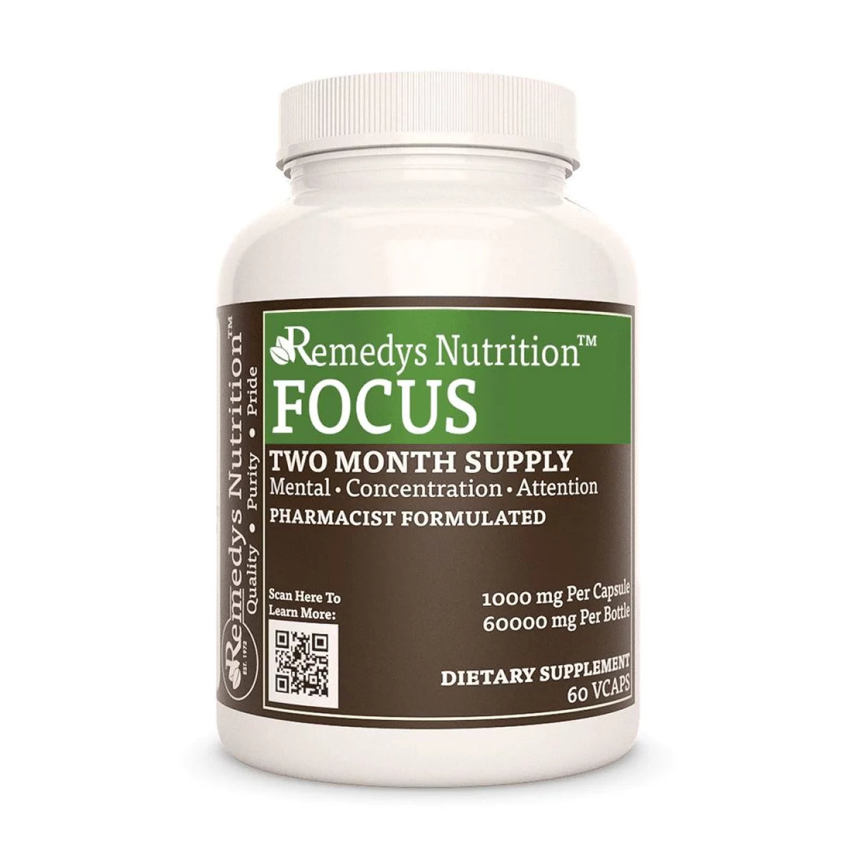 Image of Remedy's Nutrition® Focus™ Capsules Dietary Supplement front bottle. Made in the USA.  Ashwagandha, Skullcap, Gingko