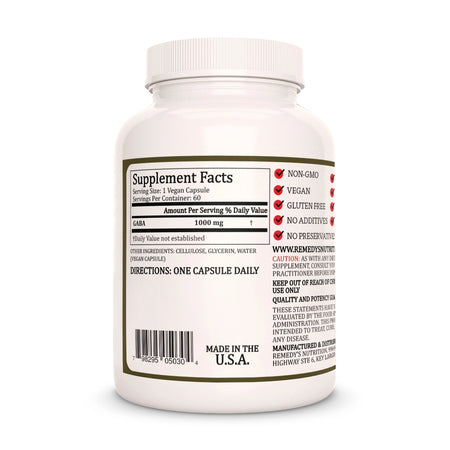 Image of Remedy's Nutrition® GABA Calm Capsules Dietary Supplement back bottle. Made in the USA.