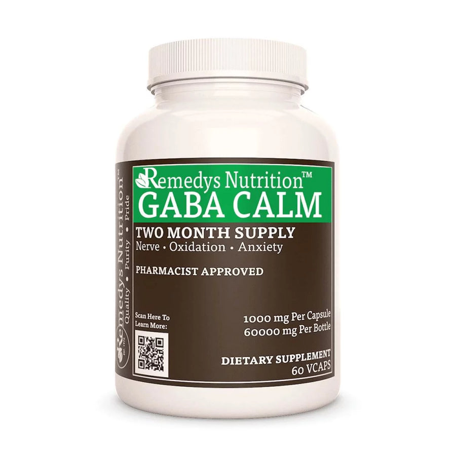 Image of Remedy's Nutrition® GABA Calm Capsules Dietary Supplement front bottle. Made in the USA.
