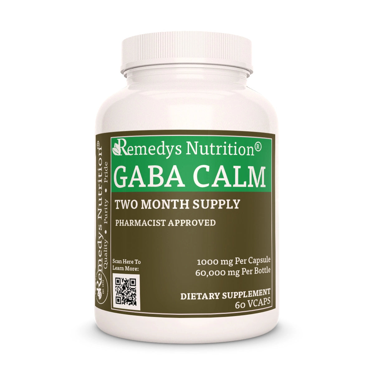 Image of Remedy's Nutrition® GABA Calm Capsules Dietary Supplement front bottle. Made in the USA.