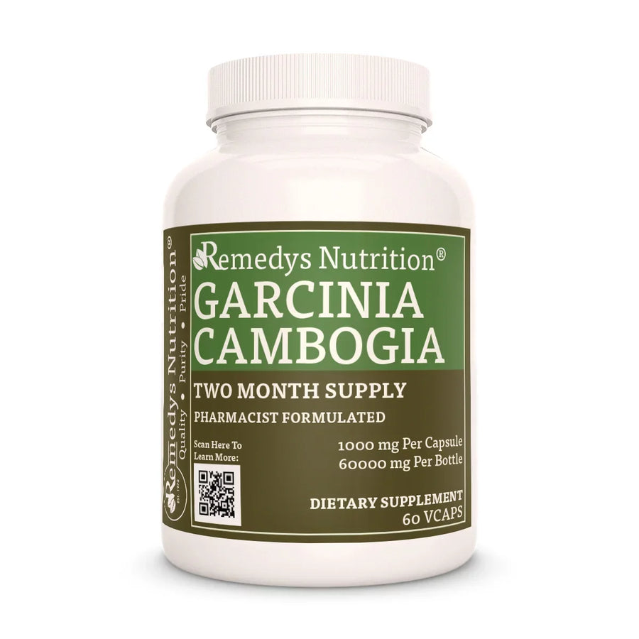 Image of Remedy's Nutrition® Garcinia Cambogia Capsules Dietary Herbal Supplement front bottle. Made in the USA.