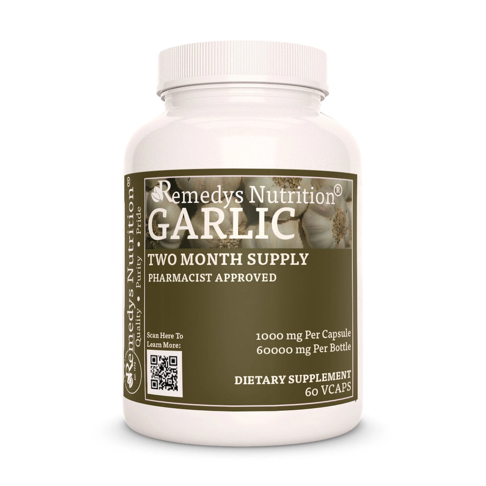 Image of Remedy's Nutrition® Garlic Capsules Dietary Supplement front bottle. Made in the USA.