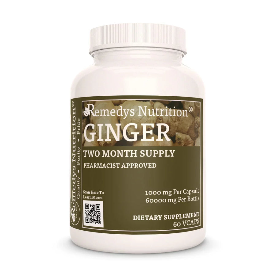 Image of Remedy's Nutrition® Ginger Root Capsules Dietary Herbal Supplement front bottle. Made in USA. Zingiber officinale.