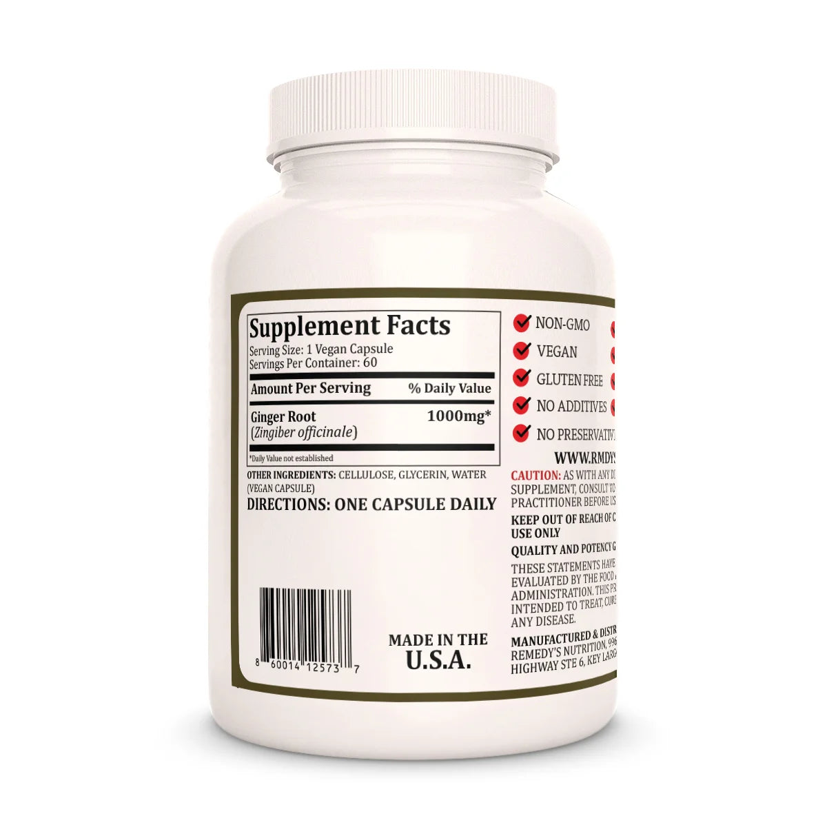 Image of Remedy's Nutrition Ginger Root back label. Supplement Facts, Ingredients and Directions. 