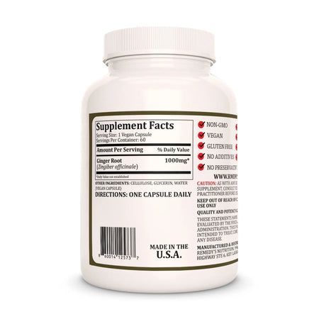 Image of Remedy's Nutrition Ginger Root back label. Supplement Facts, Ingredients and Directions. 