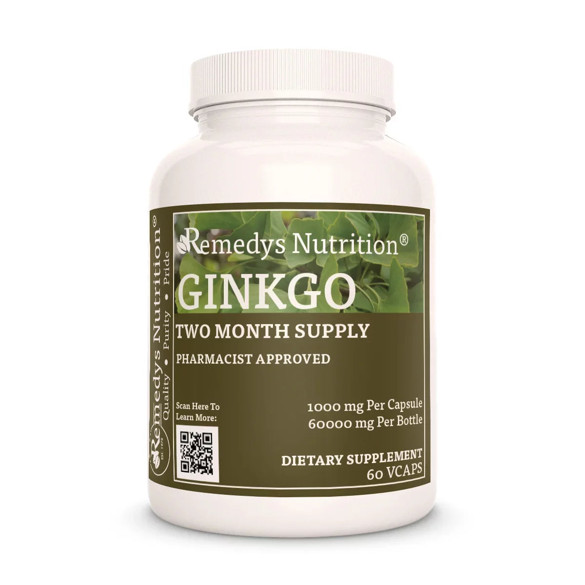 Image of Remedy's Nutrition® Ginkgo Biloba Capsules Dietary Herbal Supplement front bottle. Made in the USA.