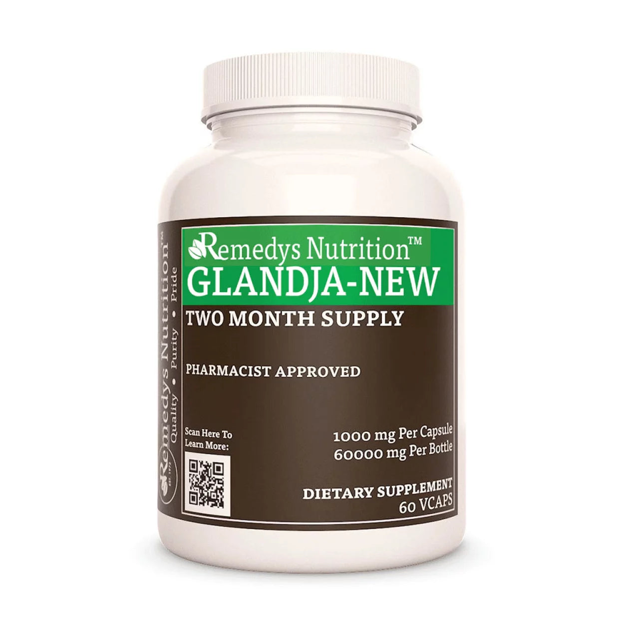Image of Remedy's Nutrition® GlandJa-New™ Capsules Dietary Supplement front bottle. Made in USA. Chamomile, Astragalus.
