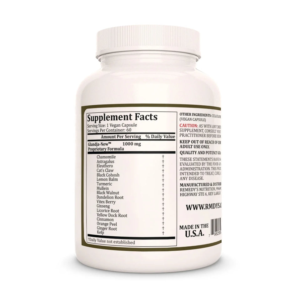 Remedy's Nutrition® GlandJa-New™ supplement facts label and ingredients, back label view