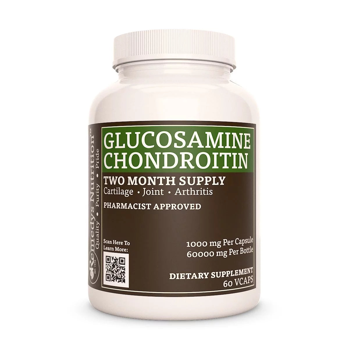 Image of Remedy's Nutrition® Glucosamine Chondroitin Capsules Dietary Supplement front bottle. Made in the USA.