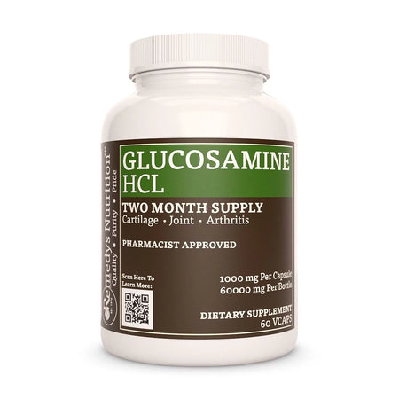 Image of Remedy's Nutrition® Glucosamine HCL (Hydrochloride) Capsules Dietary Supplement front bottle. Made in the USA.