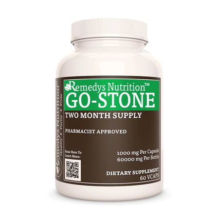 Image of Remedy's Nutrition® Go-Stone™ Kidney & Gallbladder Capsules Dietary Herbal Supplement front bottle. Made in the USA.