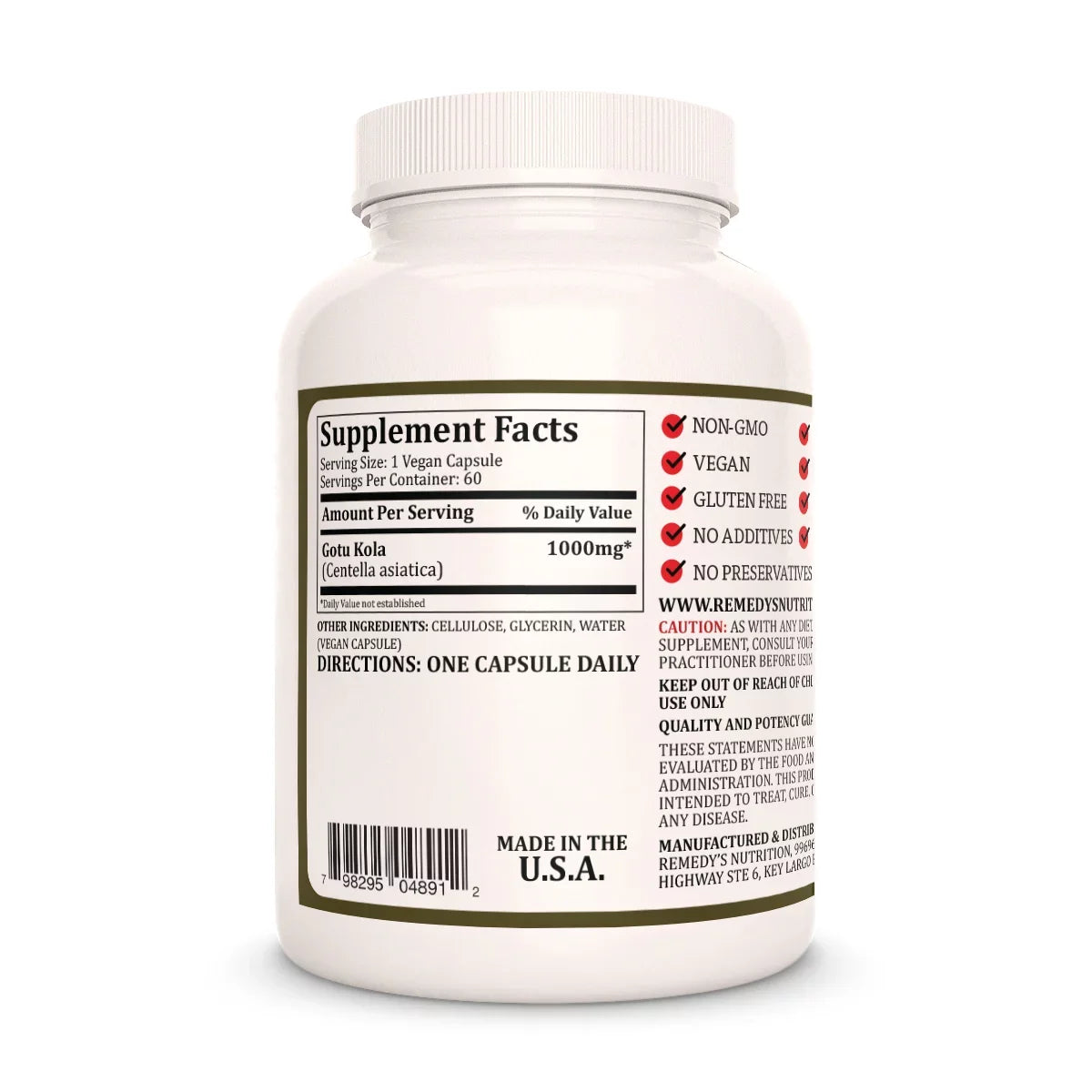 Image of Remedy's Nutrition®  Gotu Kola back label. Supplement Facts, Ingredients and Directions.  Centella asiatica