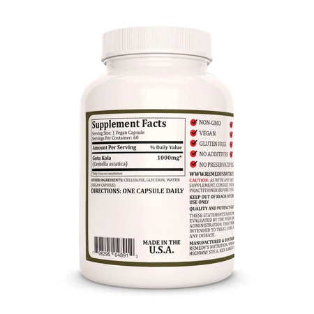 Image of Remedy's Nutrition®  Gotu Kola back label. Supplement Facts, Ingredients and Directions.  Centella asiatica