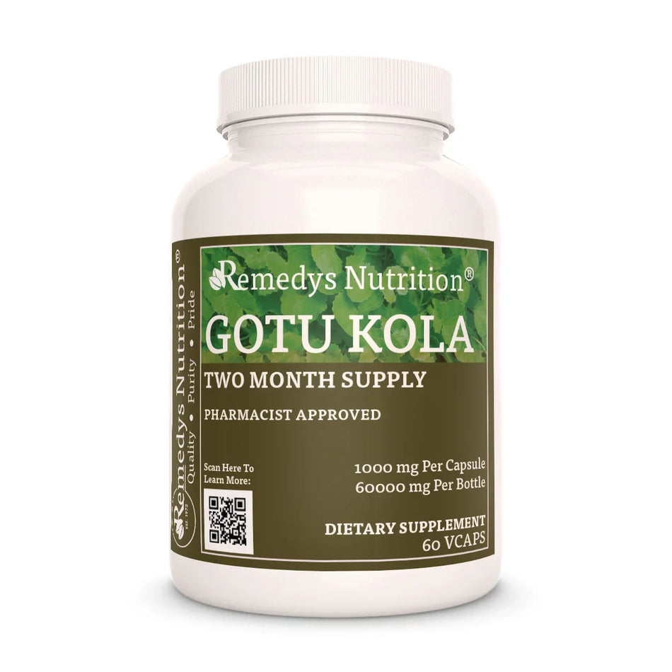 Image of Remedy's Nutrition® Gotu Kola Capsules Dietary Herbal Supplement front bottle. Made in the USA.