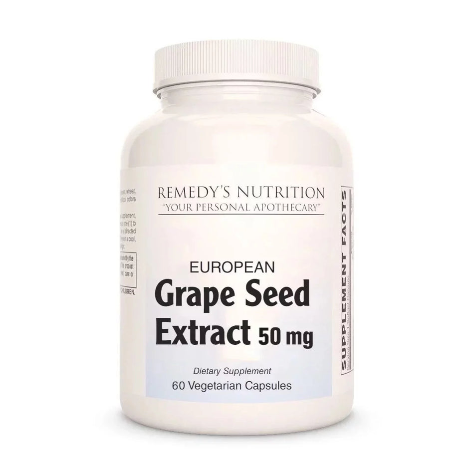 Image of Remedy's Nutrition® Grapeseed Extract Capsules Dietary Supplement front bottle. 50 mg.