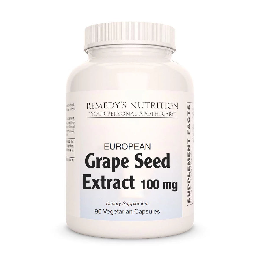 Image of Remedy's Nutrition® Grapeseed Extract Capsules Dietary Supplement front bottle. 100 mg.