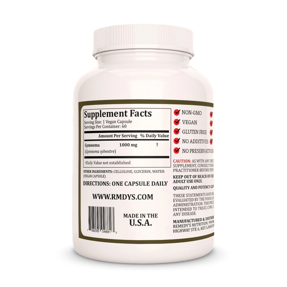 Image of Remedy's Nutrition® Gymnema sylvestre Capsules Dietary Herbal Supplement back bottle. Made in the USA.