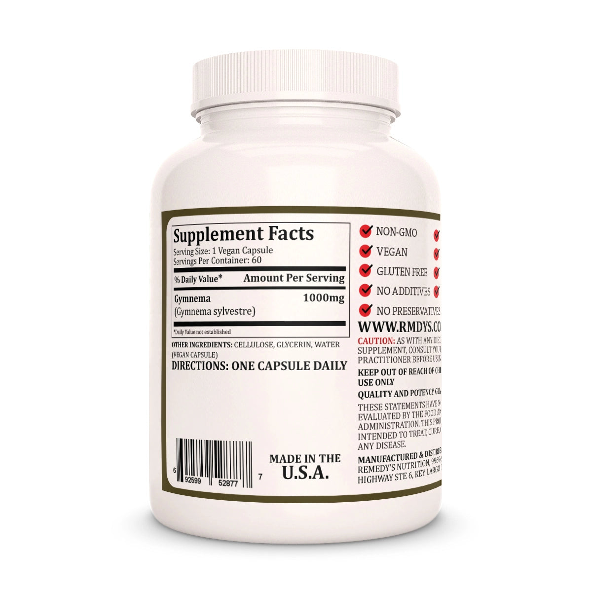 Image of Remedy's Nutrition® Gymnema sylvestre Capsules Dietary Herbal Supplement back bottle. Made in the USA.