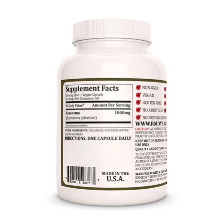 Image of Remedy's Nutrition® Gymnema sylvestre Capsules Dietary Herbal Supplement back bottle. Made in the USA.