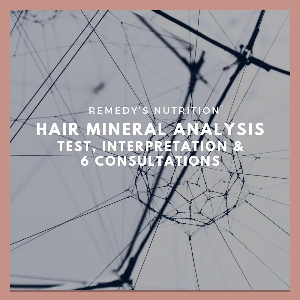 A promotional graphic for Remedy's Nutrition's Hair Mineral Analysis Test & 6 Consultations.
